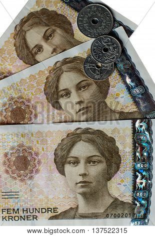 Norwegian 500 crones paper banknotes on white background