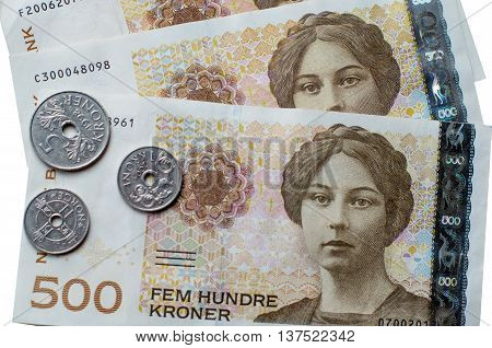 Norwegian 500 crones paper banknotes on white background