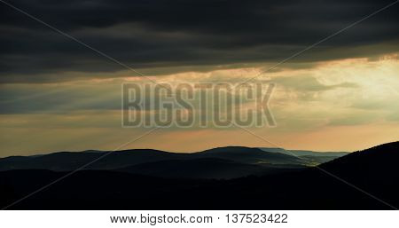 Sunset in evening in Jeseniky mountains near cable car