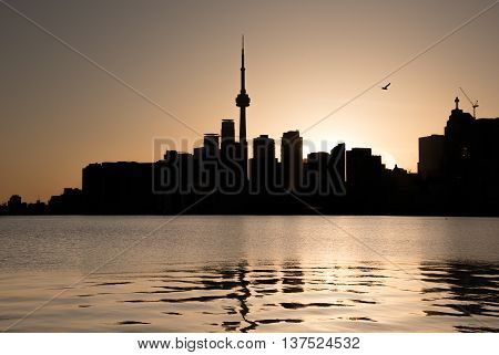 Silhouette of the Toronto skyline against an orange sky at sunset