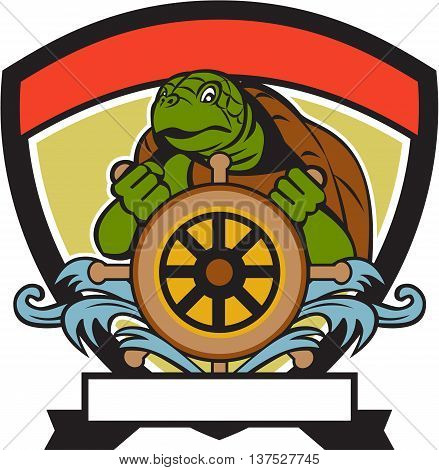Illustration of a ridley turtle at the helm sterring wheel viewed from front set inside crest shield done in retro style.