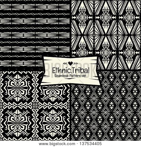 Seamless abstract vector doodle tribal Ethnic pattern collection in monochrome background.boho chic pattern set.