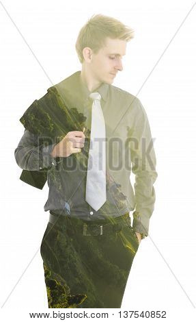 Double exposure concept with businessman relaxing after work with nature