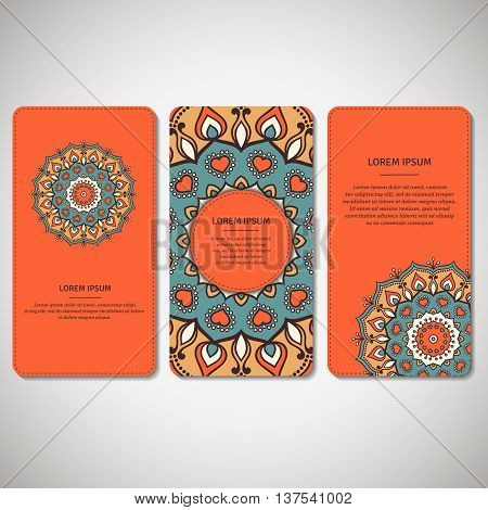 Set of ornamental cards flyers with flower mandala in orange turquoise colors. Vintage decorative elements. Indian asian arabic islamic ottoman motif. Vector illustration.