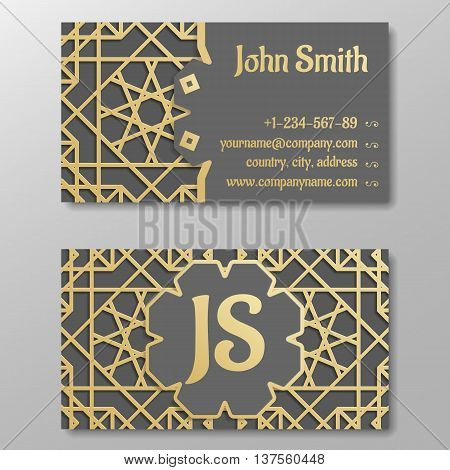 Business card template gold arabic traditional pattern. Vector illustration