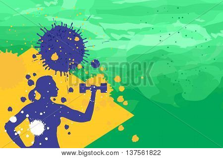 Young woman training with dumbbells on the brazil flag colors background fithess motivation concept vector illustration