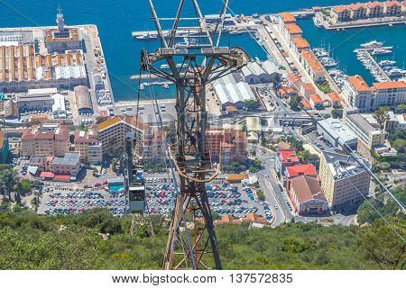 Aerial view of the top of Gibraltar Rock, located in the Upper Rock Natural Reserve, and the famous Cable car. Gibraltar is a territory of South West Europe which is part of the United Kingdom.