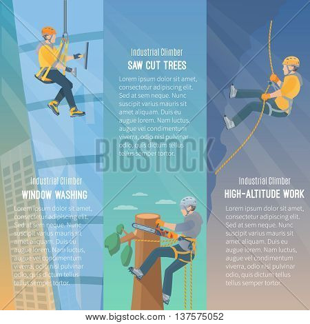 Color information vertical flat banners showing the need  for industrial climbing window washing cut trees high-altitude work vector illustration