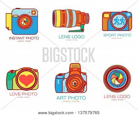 Set of colorful camera logo templates. Vector illustration isolated on white background. Great multicolored camera logo templates for photographers and photo studios
