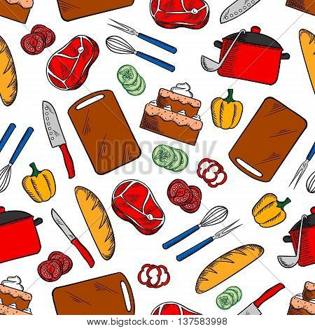Cooking dinner colorful seamless background with sketch pattern of beef steaks and fresh vegetables, chocolate cakes and long loaves of bread, cutting boards and knives, cooking pans, ladles, whisks and forks. Kitchen interior and recipe book design