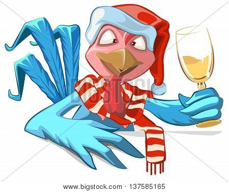 Blue Rooster symbol 2017. Santa Cock drink champagne. Cartoon illustration