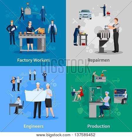 Colorful 2x2 compositions with professionals at work presenting factory workers repairmen engineers and production flat vector illustration