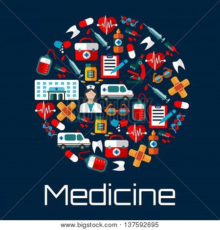 Hospital building, doctor and ambulances, first aid kits, medicine bottles and syringes, hearts, teeth and blood bags, microscopes and DNA, medical examination forms and glasses icons creating a circle symbol. Flat style