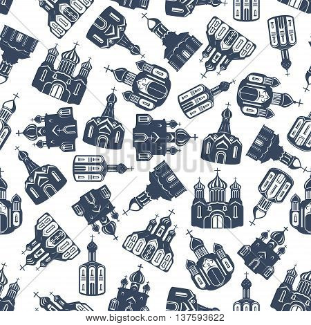 Seamless pattern of grey silhouettes of eastern orthodox churches, cathedrals and sobors with ornamental domes randomly scattered over white background. Religion architecture theme or scrapbook page backdrop design