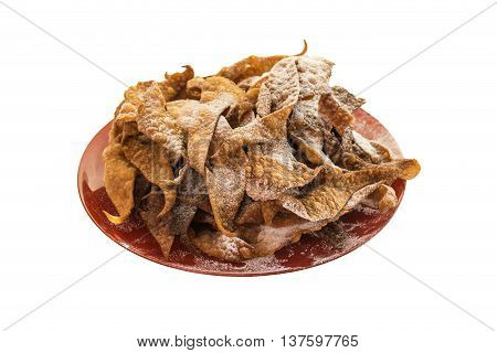 Cruller on the plate sugar powder isolated background