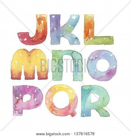 Large raster illustration with watercolor letters sequence from J to R. Alphabet vivid colored grainy with splashes and imperfections isolated on white background. Hand drawn abc letters