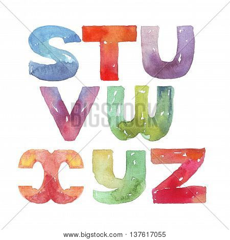 Large raster illustration with watercolor letters sequence from S to Z. Alphabet vivid colored grainy with splashes and imperfections isolated on white background. Hand drawn abc letters