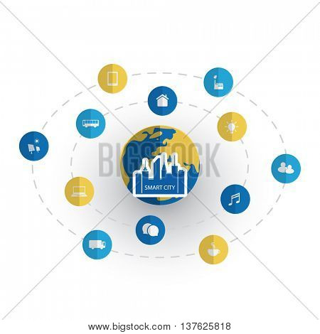 Eco Friendly Smart City Design Concept with Icons - Cloud Computing, IoT, IIoT, Public Network Structure, Technology Concept Background or Cover Template Illustration in Editable Vector Format
