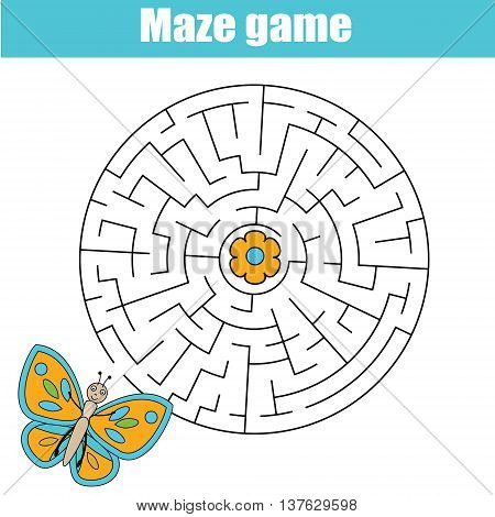 Maze children game: help the butterfly go through the labyrinth. Kids activity sheet