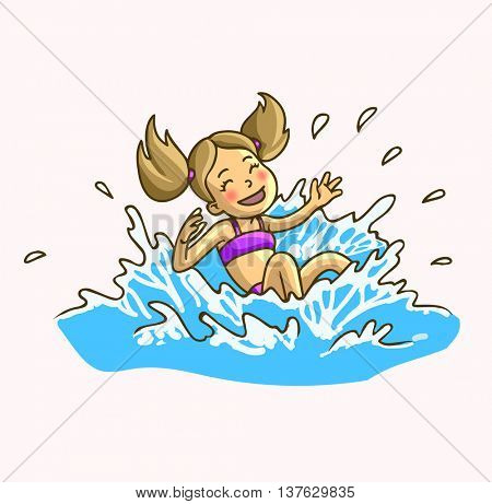 Summer fun aqua park. Happy cheerful little girl is jumping into the water or water pool with waters prays. Vector Illustration.