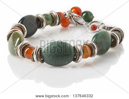 A women's silver fashion bracelet with polished moss agate stones and beads.