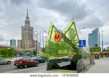 Warsaw Poland - July 26 2015: One of the main entrances of the subway station in the center of Warsaw.