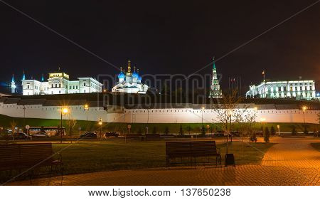 View of the Kazan Kremlin from Square of Farmers at night