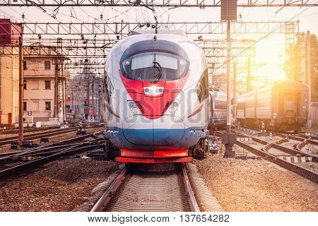 Modern high-speed train departs from Moscow. Russia.