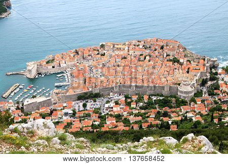 Aerial view of the city of Dubrovnik the UNESCO world heritage fortress on the Adriatic Sea