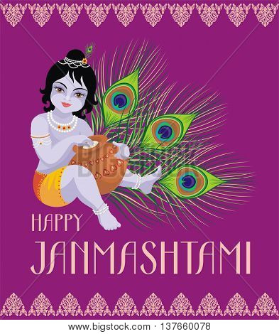 Krishna Janmashtami. Beautiful greeting card with little Krishna's image.