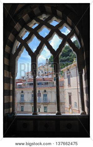 Amalfi, Salerno Italy - Norman Arabicstyle window in the Ancient Cathedral of  Amalfi (IXth Century)  on May 2016