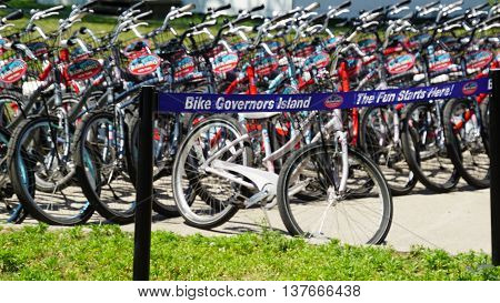 NEW YORK, NY - JUN 19: Bicycles at Governors Island in New York, as seen on Jun 19, 2016. It is a 172-acre island and is part of the borough of Manhattan in New York City.