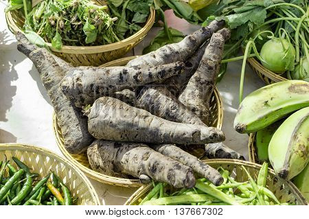 Black reddish and bananas with other vegetables.