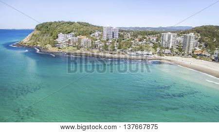Aerial view of Burleigh Headland National Park, and surrounds. Gold Coast, Australia