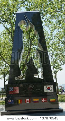 NEW YORK, NY - JUN 19: Korean War Memorial in Battery Park in New York, as seen on Jun 19, 2016. It honors military personnel who served in Korean Conflict 1950-1953. It was designed by Mac Adams.