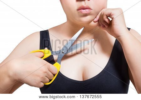 woman cut chin fat obesity plastic surgery concept isolated on white