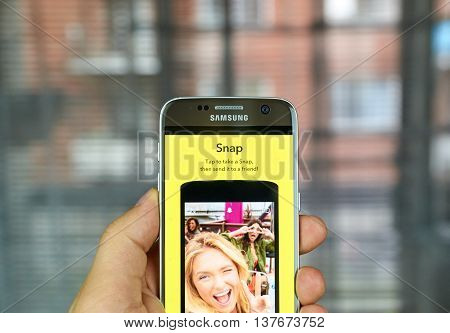 MONTREAL CANADA - JULY 1 2016 - Snapchat Snap on android cell smartphone. Snapchat is a mobile messaging application used to share photos videos text and drawings.
