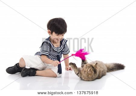 Cute asian boy playing with tabby kitten on white background isolated