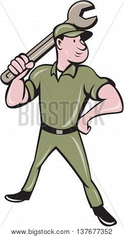 Illustration of a mechanic standing wielding holding spanner wrench looking to the side viewed from front set on isolated white background done in cartoon style.