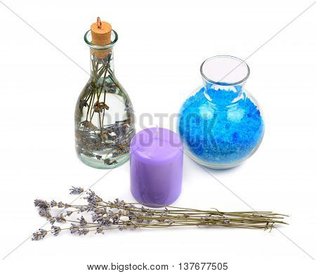 lavender water salt and aromatic candle isolated on white background