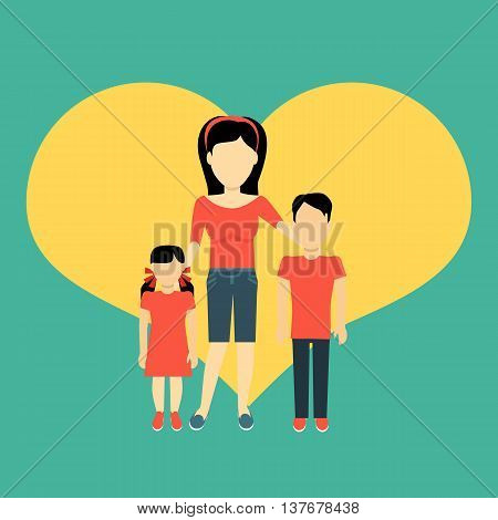 Mother with children banner concept. Mum holding hand of his daughter and son. Family and parent, girl and boy with mum, happiness together love parenting brother and sister, vector illustration