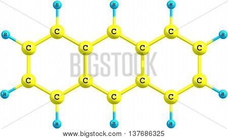 Anthracene is a solid polycyclic aromatic hydrocarbon of formula C14H10 consisting of three fused benzene rings. It is a component of coal tar. 3d illustration