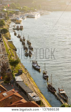 Douro River In Vila Nova Da Gaia At Sunset. Portugal.