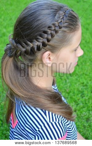 Hairstyle with long hair a young girl on a background of green grass
