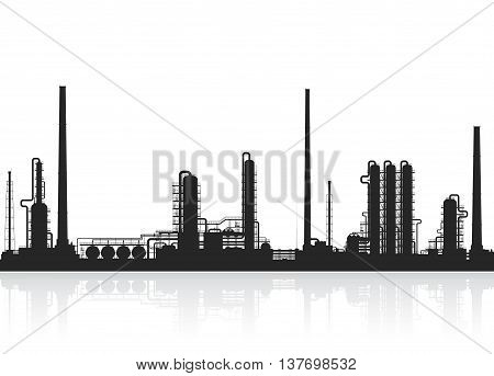 Oil refinery or chemical plant silhouette. Detail illustration of petroleum plant isolated on white background. Vector illustration.