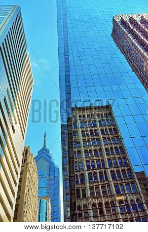 Bottom Up View To Skyscrapers Reflected In Glass In Philadelphia