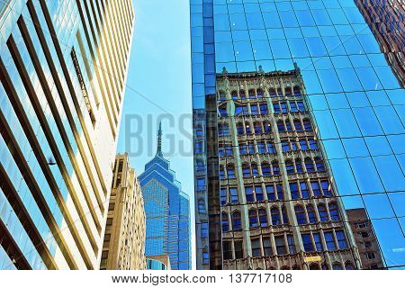 Bottom-up View On Skyscrapers Reflected In Glass In Philadelphia