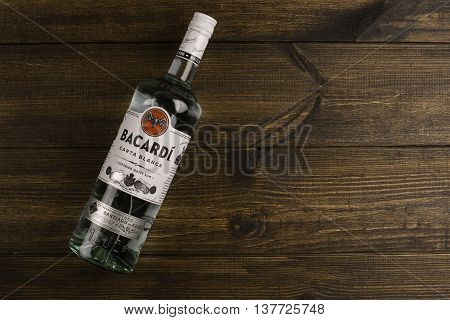 READING MOLDOVA APRIL 10. 2016 Photo of bottle of "Bacardi" CARTA BLANCA Superior white rum. Editorial.