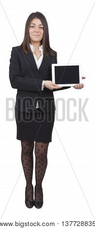 middle-aged businesswoman with dark tailleur showing tablet