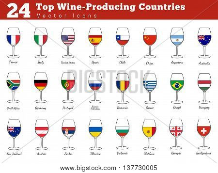 Collection of top wine producing countries pictograms. Wine glasses with national flags with names. Graphic design elements isolated on white background. Colorful flat design style vector illustration